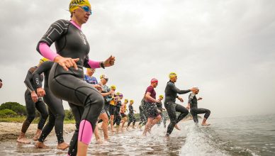 triathletes entering the water in gelibolu